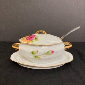 Vtg Lefton Mini Condiment Sugar Sauce Dish Lid Underplate & Spoon Hand Painted